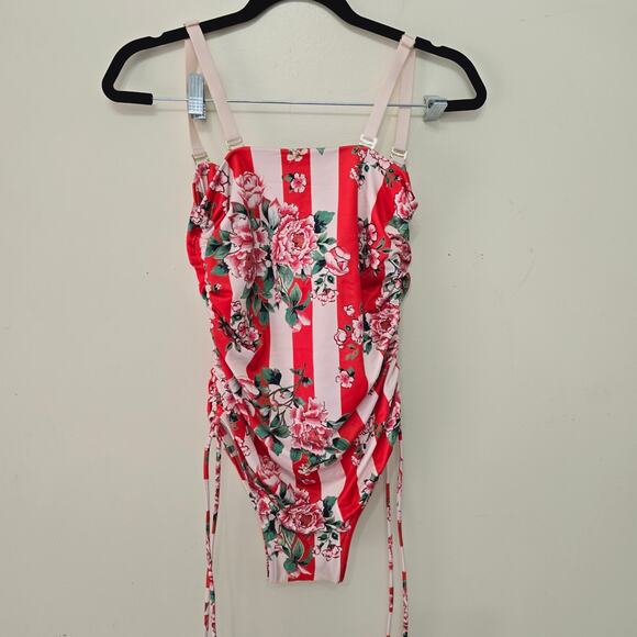 We Are HaH One Piece Swimsuit Red Floral Blood Orange Stripe Ruched Women Size M - Picture 3 of 8